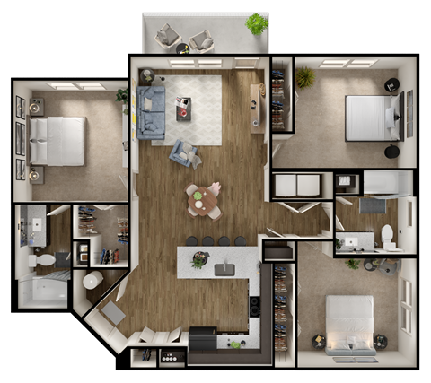 A top-down view of a house layout with a kitchen, living room, and bedrooms.